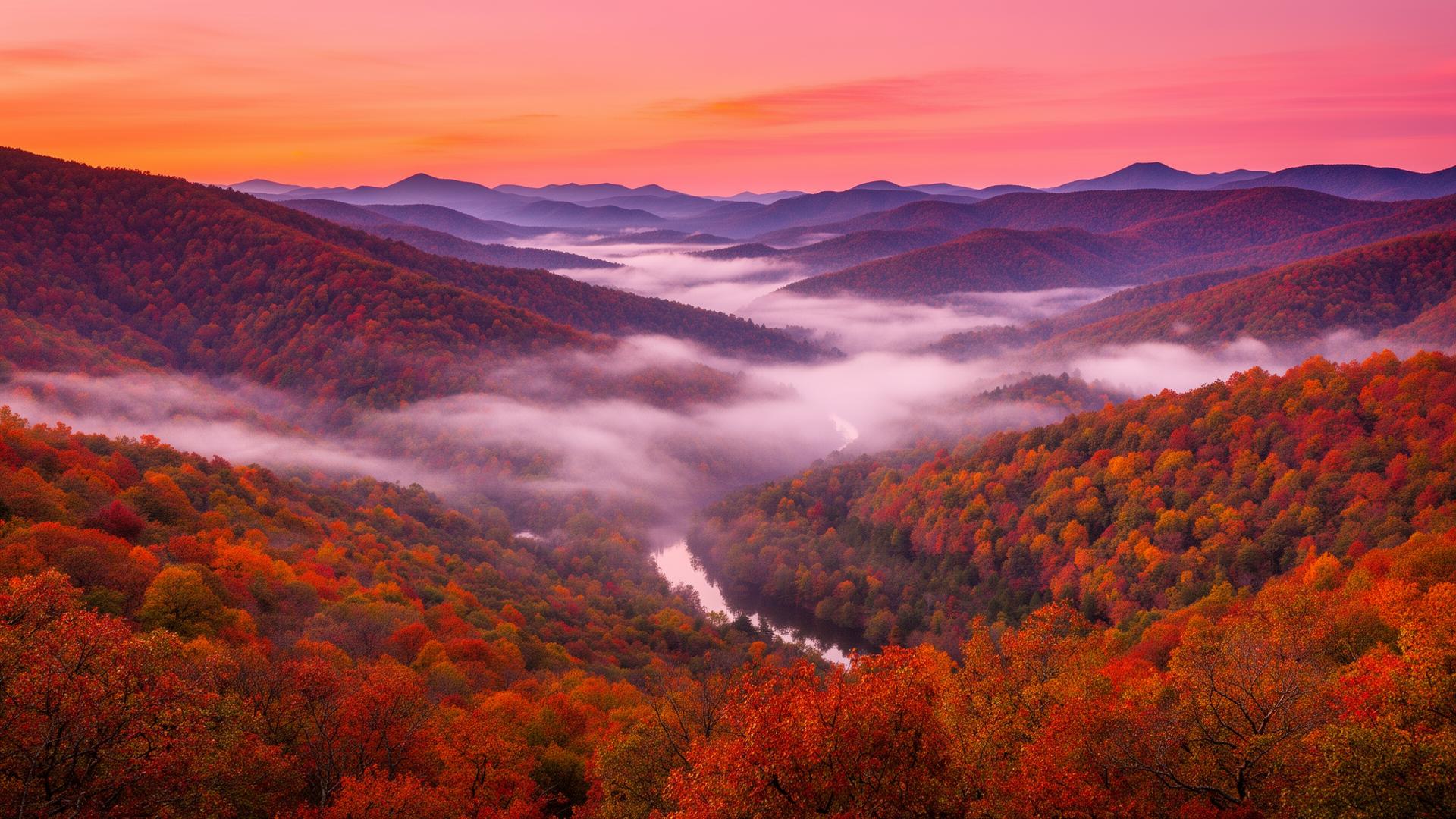 Sunrise over the North Georgia mountains with a river of fog winding through autumn forest